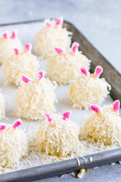 a bunch of cheesecake bunny bites on a tray