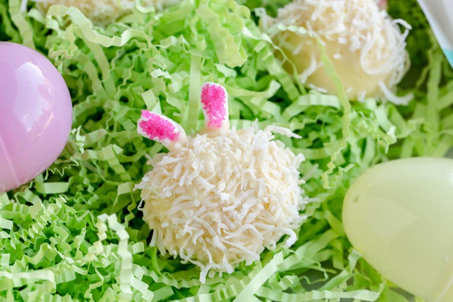 a cheesecake bite as a bunny in easter grass and eggs around