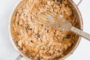 creamy ground beef mixture in a skillet