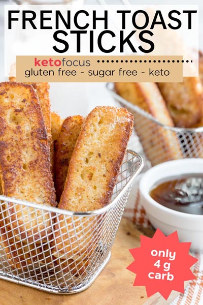 crispy french toast sticks in a wire basket in front of a bowl of maple syrup