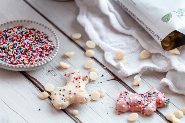 pearl sprinkles decorated on sugar free animal cookies