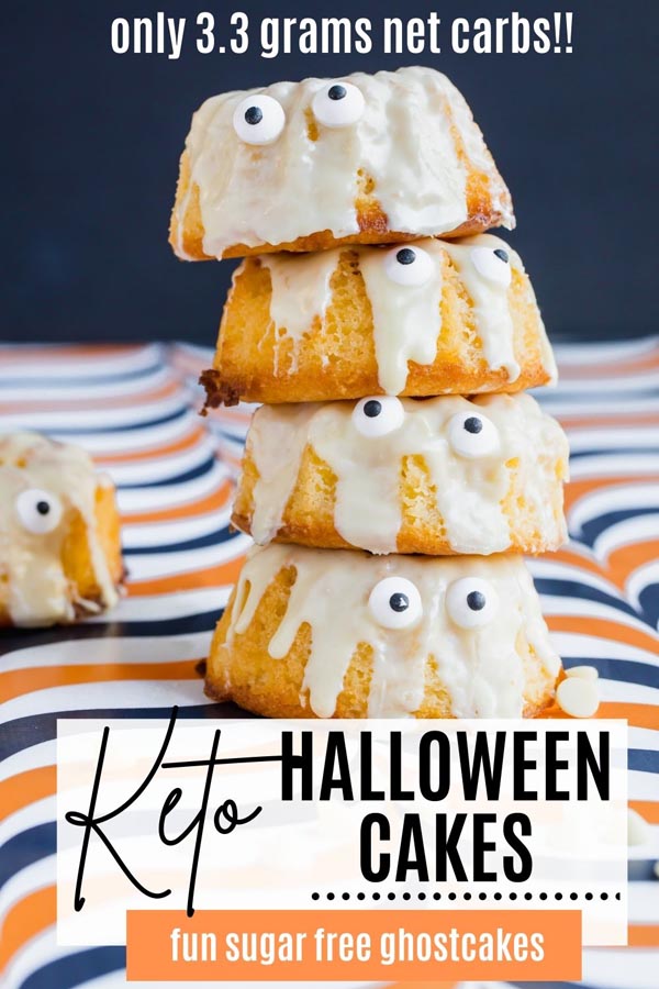 a stack of mini bundt cakes decorated like ghosts for halloween