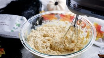 mixing cake batter with an electric mixer