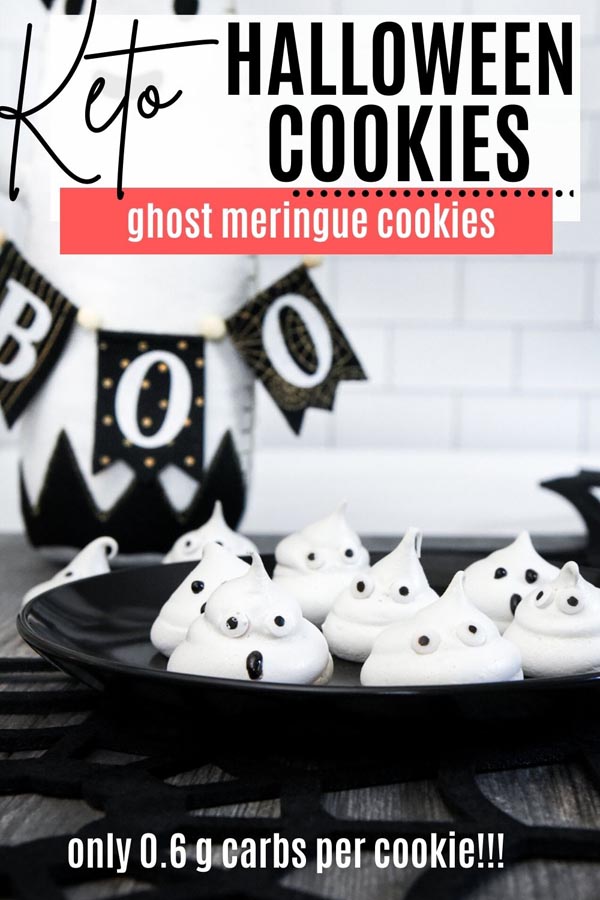 a plate with ghost meringue cookies on it with a boo in the background