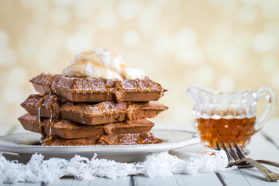 syrup dripping from gingerbread waffle