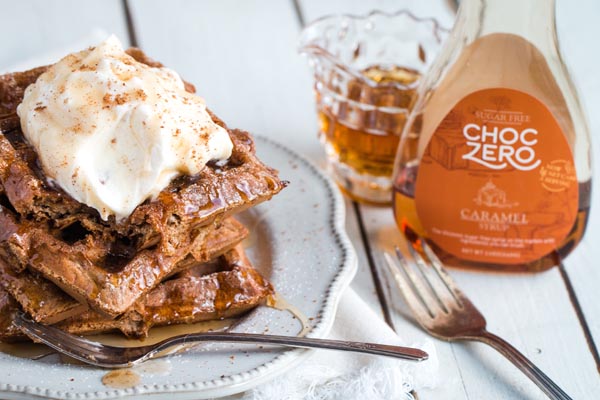 gingerbread chaffles with caramel syrup and whipped cream