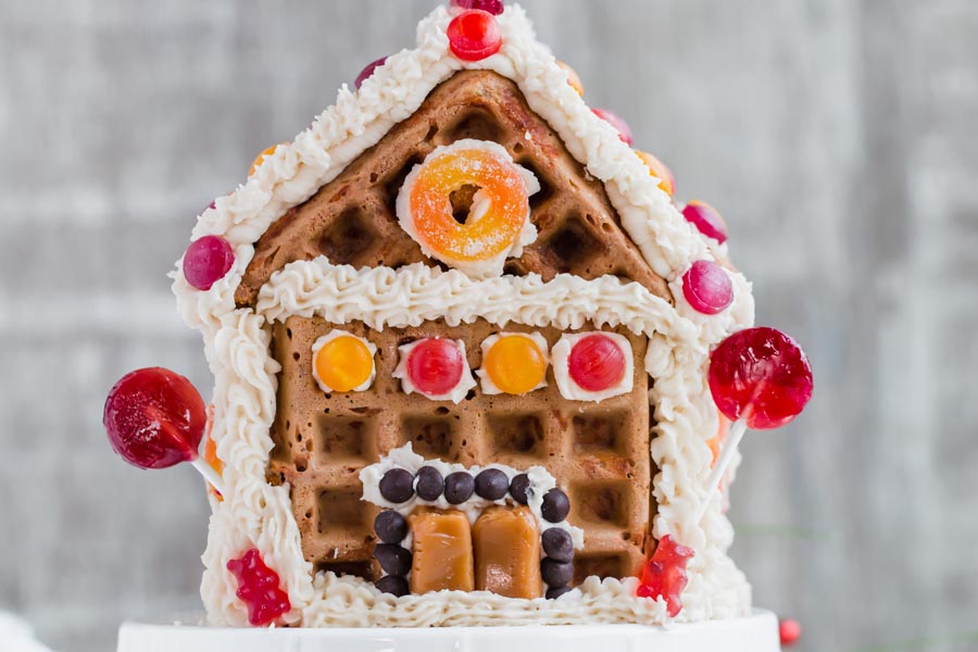 gingerbread chaffle house on a stand