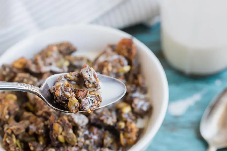 crunchy granola on a spoon