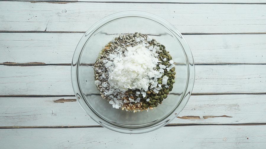 nuts and seed mixture in a glass bowl