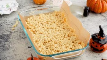 sugar free rice crispy mixture in a baking dish