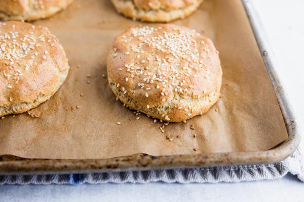 baked keto hamburger buns on a tray