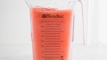 blended strawberry slushie on the counter