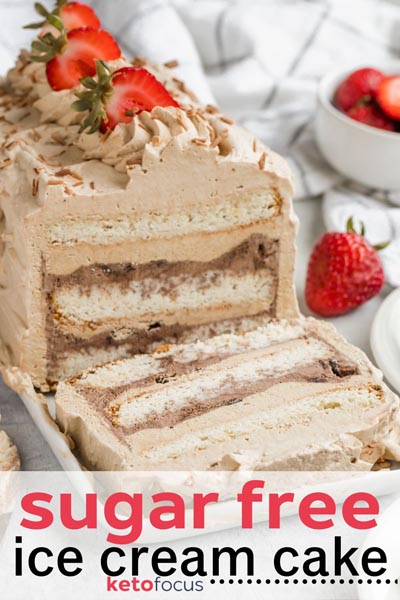 a slice of ice cream cake fallen to the front of the whole cake and topped with strawberries