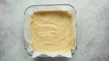 cake batter in a square baking dish