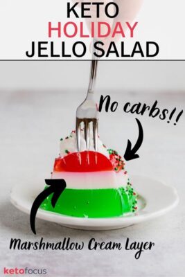 Keto Holiday Jello Salad graphic: layered slice labeled “No carbs” and “Marshmallow Cream Layer.”
