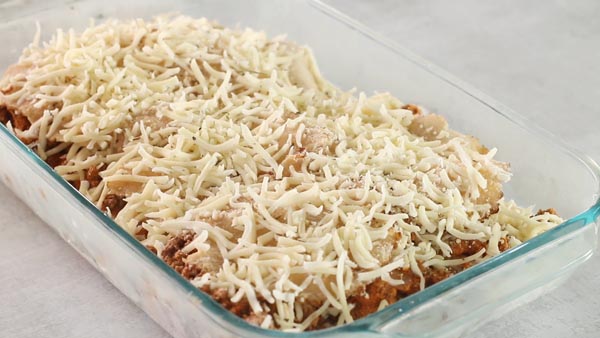 frozen keto lasagna in a glass baking dish