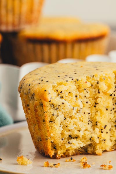 Crumbs falling off of a bitten poppyseed muffin.