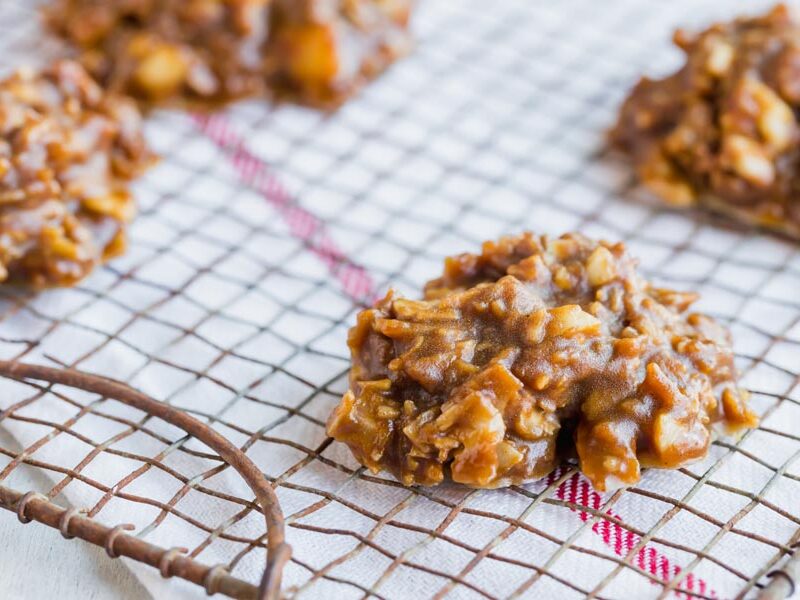 Chocolate no bake cookies on a wire rack.