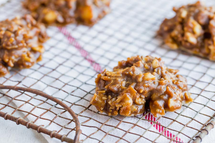 Chocolate no bake cookies on a wire rack.