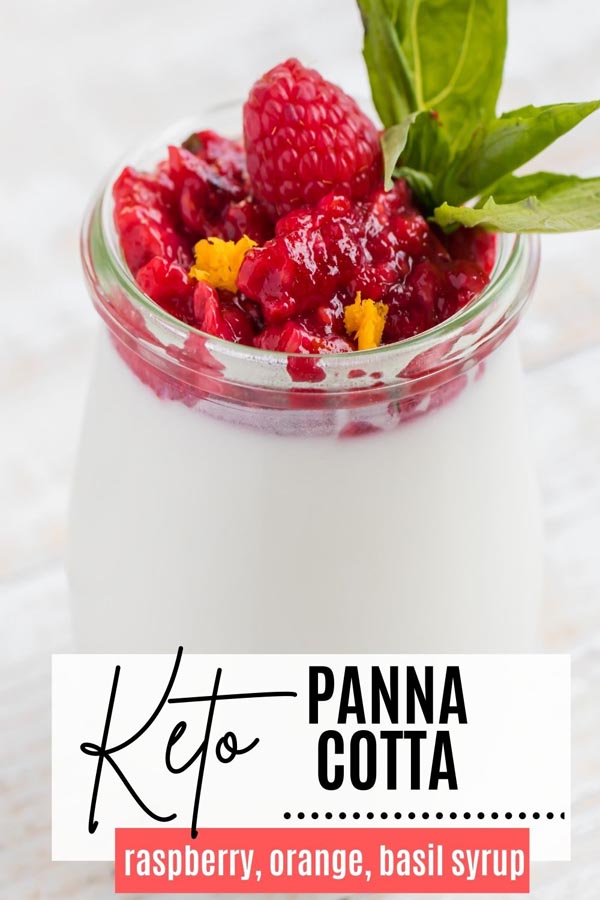 a thick panna cotta with a raspberry syrup and basil leave
