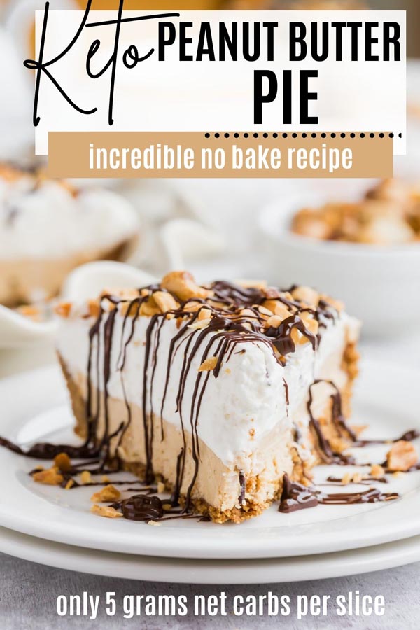 a slice of peanut butter pie with chocolate drizzled on top and crushed peanuts over