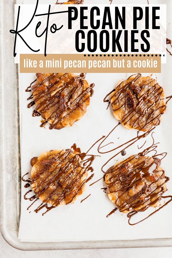 four chocolate covered pecan pie cookies on a tray with gooey centers