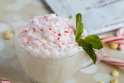 low carb peppermint white hot chocolate with candy cane bits