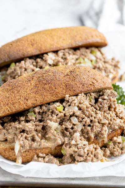 ground beef philly cheesesteak sandwiches with a toasted bun