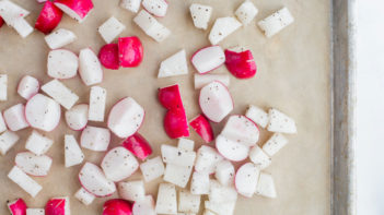 Radishes cut into small pieces for keto potato salad