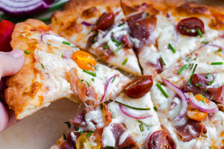 Prosciutto, Red Onion, Tomato Keto Pizza Ketofocus