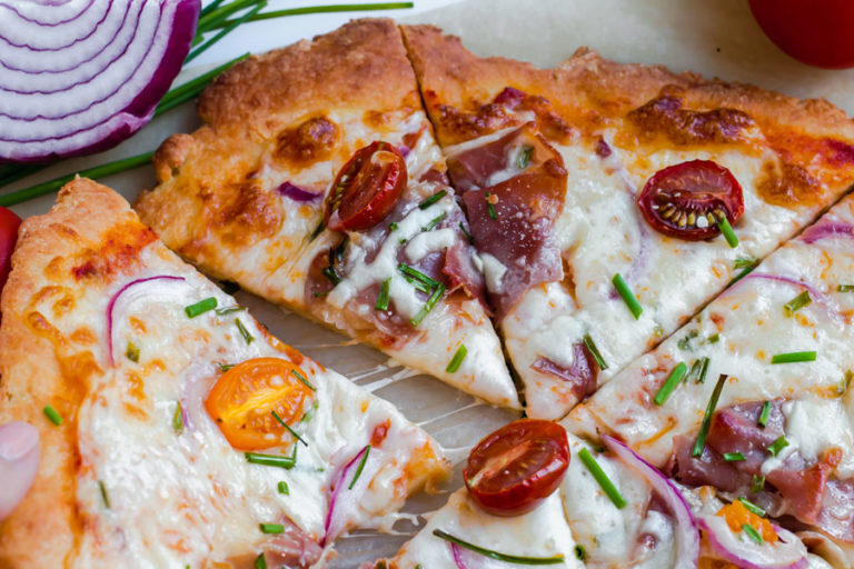 Prosciutto, Red Onion, Tomato Keto Pizza Ketofocus