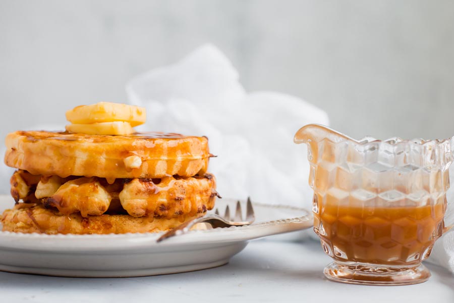 protein chaffles with salted caramel syrup