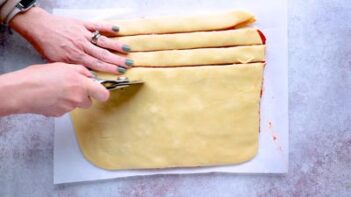 Slicing pastry dough into one inch strips with a pizza cutter.