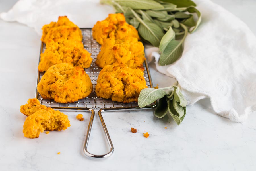 pumpkin biscuits with sage on a wire rack