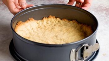 A baked crust pressed into the bottom and sides of a springform pan.