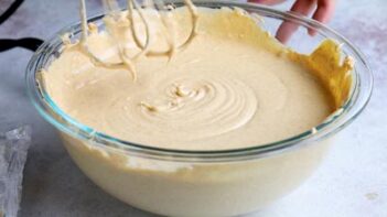 A bowl of smooth, blended pumpkin cheesecake filling ready to be poured.