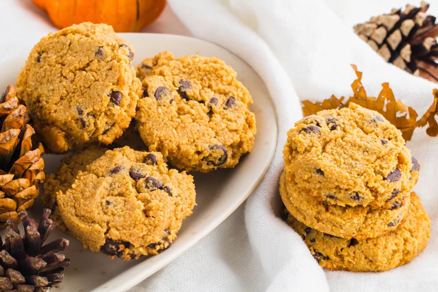low carb pumpkin cookies with chocolate chips on a plate