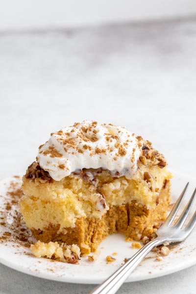 A pumpkin dump cake with a bite taken out of the front. Topped with whipped cream.