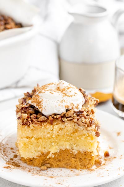 A slice of cake with three layers. The bottom layer is pumpkin pie, the middle layer is cake and the topping is pecan streusel with whipped cream.