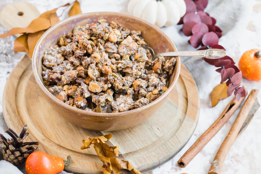 bowl of low carb granola for breakfast with a fall feel