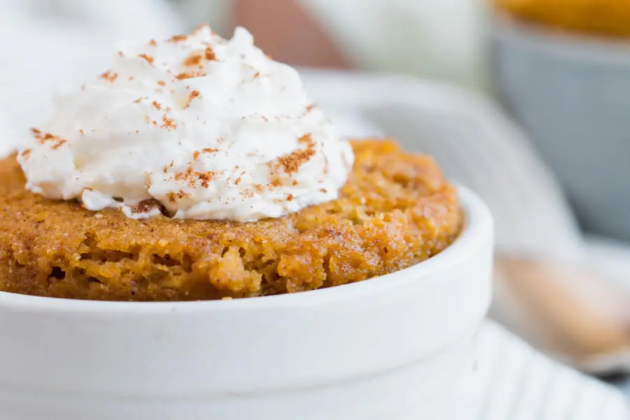 close up of a tiny cake in a white bowl with whipped cream spiraled on top