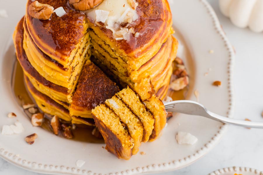 keto pumpkin pancakes cut with fork