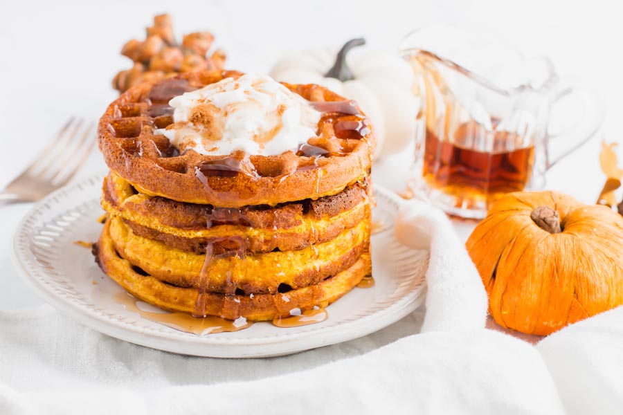 pumpkin keto waffle with maple syrup