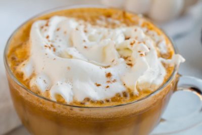 up close of keto pumpkin spice latte with whipped cream