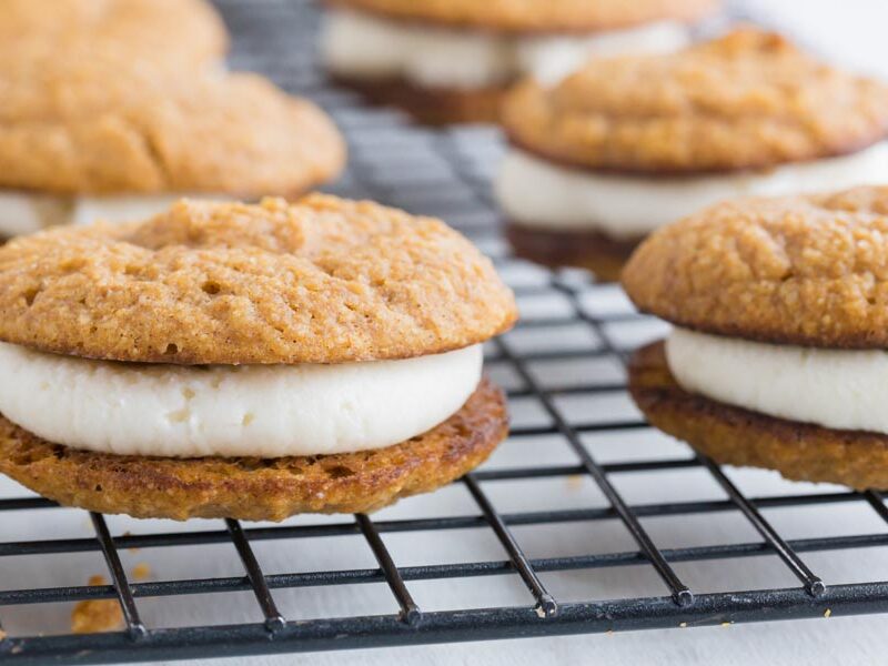 rows of whoopie pies on a wire rack