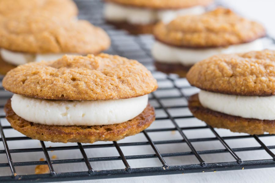 rows of whoopie pies on a wire rack