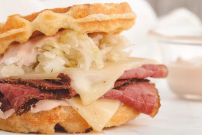 close up of keto reuben sandwich