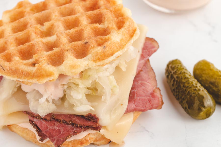 reuben chaffle sandwich with waffle bread