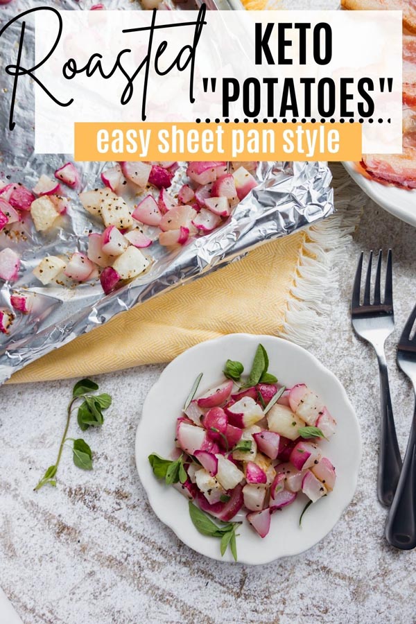 a small plate of roasted radishes dressed with herbs and forks nearby