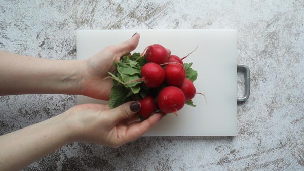 holding a bundle of purple radishes